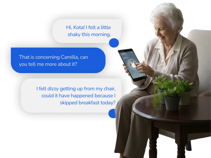 A smiling elderly woman sits in a chair holding a tablet that displays a penguin character. Large chat bubbles on a purple background show a conversation with an AI named Kota, where the woman reports feeling "shaky" and "dizzy" after skipping breakfast.