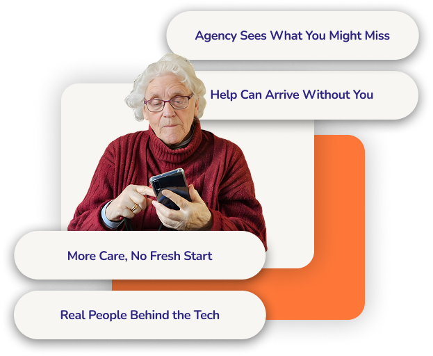 A senior woman using mobile technology to stay connected. Overlaid text highlights the benefits of agency-backed home care, including professional oversight, emergency response, and human support behind the technology.